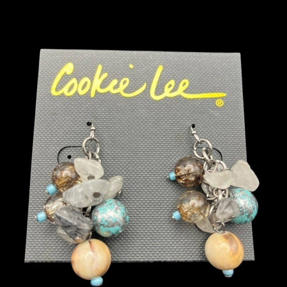 Boho Cluster Drop Earrings Turquoise Amber Silver Tone Glass Bead Coastal Beach